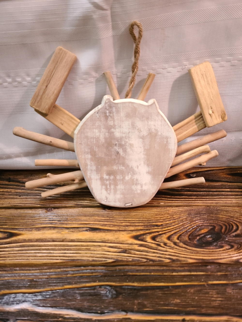 Natural and Whitewashed Hanging Wood Crab Decor